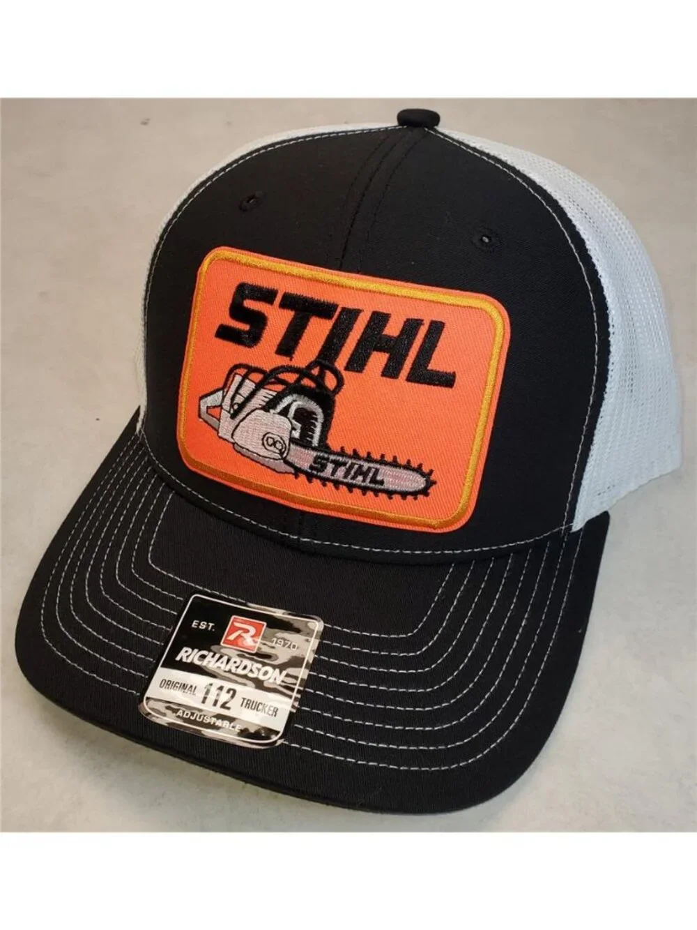 Retro Chainsaw Forestry Patch Trucker Hat Black White Richardson 112 Snapback